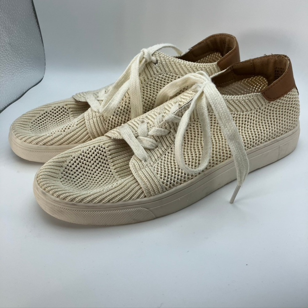 Lucky Luika Knit Sneakers Women's Size 8M Beige Tan Leather Trim Slip On